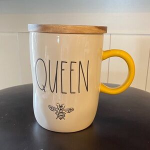 Rae Dunn White Ceramic Mug with Yellow Handle and Wooden Lid